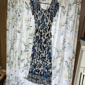 Blue and Off White Floral Patterned Maxi Dress